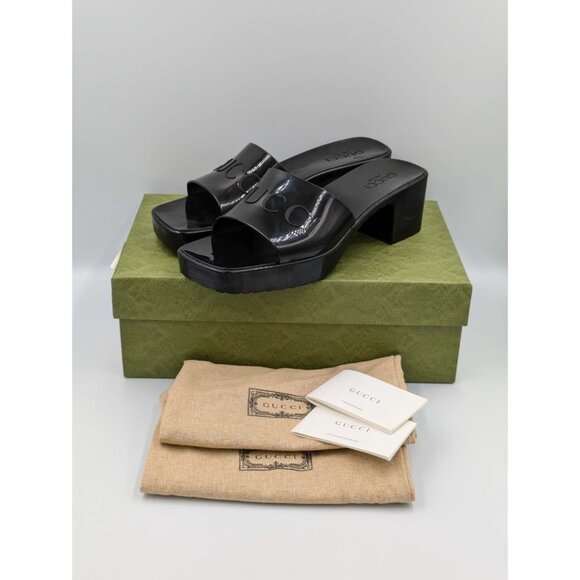 Gucci Logo Embossed Mid-Heel Rubber Sandals Black 624730 EU38 - Picture 12 of 12